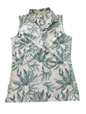 Puma Sleeveless Polo Top in White and Sage Green Leaf Print